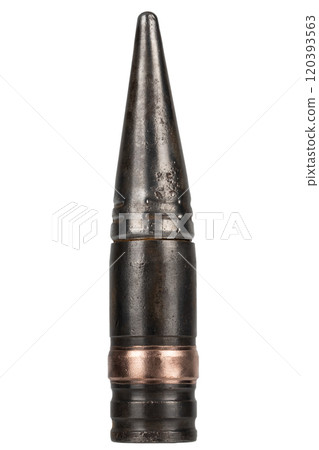 30 mm armor piecing round for automatic canon 2A42 from infantry fighting vehicle BMP-2 used by the former Soviet Union. Isolated on white. 30 mm armor piecing round for automatic canon 2A42 from infantry fighting vehicle BMP-2 used by the former Soviet Union. Isolated on white. 120393563