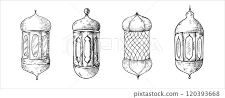 Vector set of Islamic arabian lanterns. Graphic illustration isolated on background. Muslim hand drawn line sketch, holiday Ramadan Kareem or Eid Al Adha 2025. For designers, prints, postcards 120393668