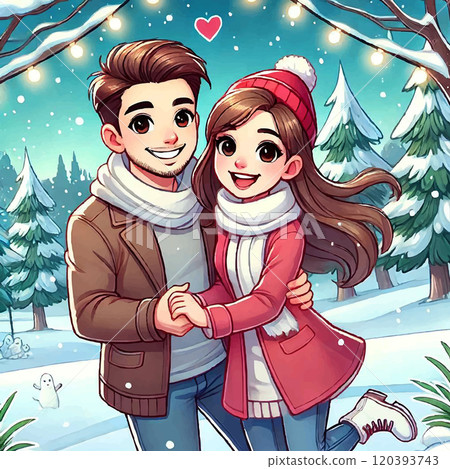 Cartoon style vector illustration of a happy loving couple in a snowy park celebrating Christmas or Valentines Day. Portrait of beautiful young lovers at nature 120393743