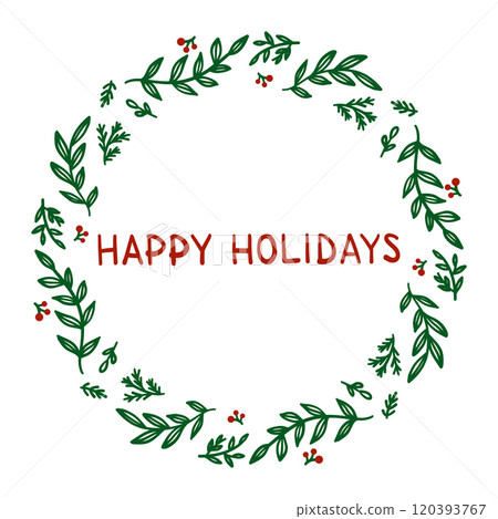 Circular wreath made of green leaves and red berries with Happy Holidays lettering, vector 120393767