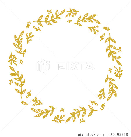 Elegant golden circular wreath with leaves and berries, vector, copy space 120393768
