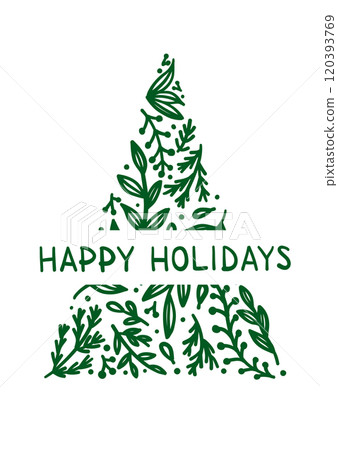 Hand-drawn botanical Christmas tree with Happy Holidays lettering, vector 120393769