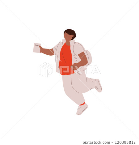 Running young man with backpack and passport isolated on white background 120393812