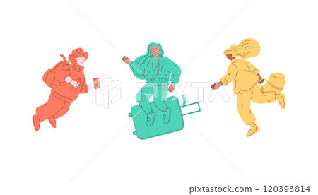 Set of travelling young women, vector illustration Set of travelling young women, vector illustration 120393814