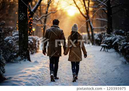 Romantic couple walking hand in hand on snowy path during sunset 120393975