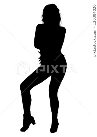 A woman standing on one leg against a white background 120394020