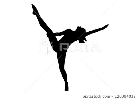 An elegant silhouette of a female gymnast gracefully doing a split on one leg 120394032