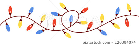 Christmas festive string of led fairy lights with colorful bulbs. Bright garland soft tones. Flat vector illustration isolated on white background. 120394074