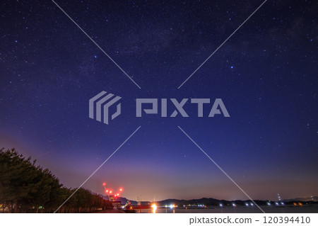 瀨戶內春天的星空：天鵝座和銀河在暮色的天空中升起 120394410