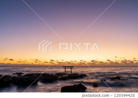 "Ibaraki Prefecture" A torii gate standing on the coast before sunrise at Oarai Isosaki Shrine "Ibaraki Prefecture" A torii gate standing on the coast before sunrise at Oarai Isosaki Shrine 120394428