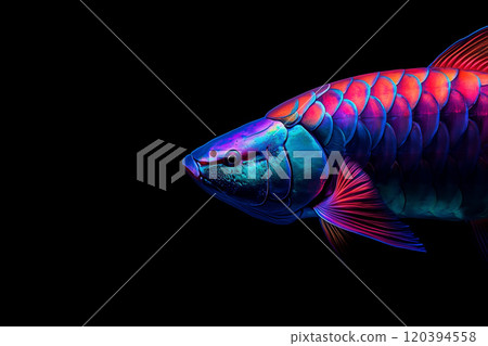 Vibrant Arowana Fish Displayed with Striking Colors Against a Black Background, Capturing the Beauty and Elegance of This Exotic Aquatic Species 120394558