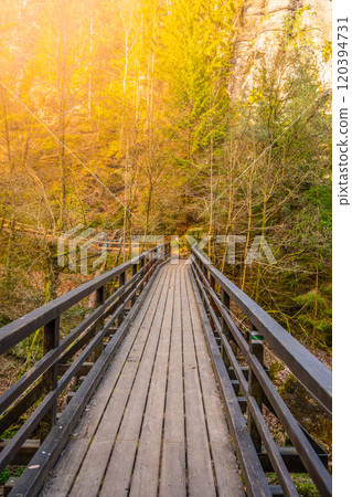 The wooden Mezni Bridge stretches across the Kamenice River, surrounded by vibrant autumn foliage in Bohemian Switzerland National Park, showcasing nature beauty and tranquil atmosphere. 120394731