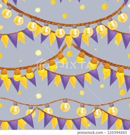 Outdoor string lights and colorful flag garland with stars seamless pattern on grey background. Hand painted in watercolor. Perfect for Christmas design, package, textile, wrapping paper, card, poster Outdoor string lights and colorful flag garland with stars seamless pattern on grey background. Hand painted in watercolor. Perfect for Christmas design, package, textile, wrapping paper, card, poster 120394893