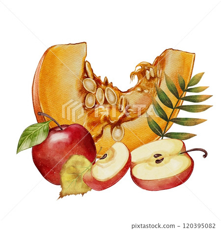Pumpkin slice with red apples Pumpkin slice with red apples 120395082