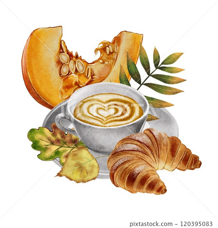Coffee with croissant and pumpkin, pumpkin latte with autumn leaves Coffee with croissant and pumpkin, pumpkin latte with autumn leaves 120395083