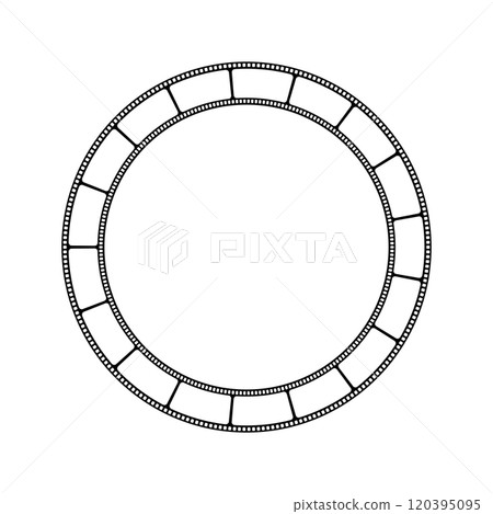 Round frame with filmstrip as a border. Video or photo camera tape in circle shape. Storyboard layout. Photographies collage template. Vector graphic illustration 120395095