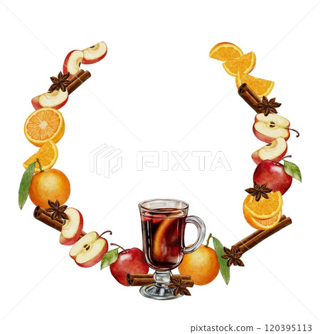Wreath, headband, frame of mulled wine, a warm wine drink with cinnamon, star anise, apples and orange Wreath, headband, frame of mulled wine, a warm wine drink with cinnamon, star anise, apples and orange 120395113