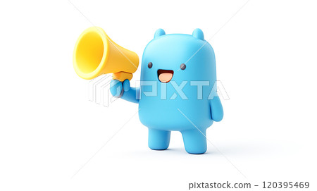藍色人物手持黃色擴音器微笑歡呼的 3D 插圖 藍色人物手持黃色擴音器微笑歡呼的 3D 插圖 120395469
