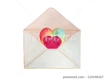 Red and rainbow hearts in an open envelope isolated on white. Hand painted watercolor illustration. Perfect St Valentine day, for love cards, blog posts, sticker packs, email decor. Textured clip art 120396267