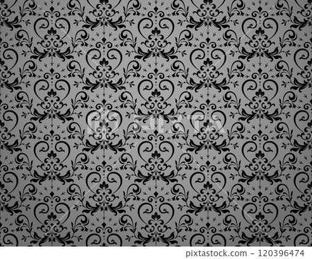 Floral pattern. Vintage wallpaper in the Baroque style. Seamless vector background. Gray and black ornament for fabric, wallpaper, packaging. Ornate Damask flower ornament Floral pattern. Vintage wallpaper in the Baroque style. Seamless vector background. Gray and black ornament for fabric, wallpaper, packaging. Ornate Damask flower ornament 120396474