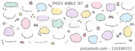 A vector illustration set of hand-drawn speech bubbles. Speech bubbles, frames, stylish, handwritten, hearts, stars 120396553