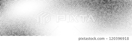 Grunge halftone background. Fading grit noise gradient texture. Black and white sand wallpaper. Wide retro pixelated backdrop. Anime or manga comic style overlay. Vector long halftone gritty bg 120396918