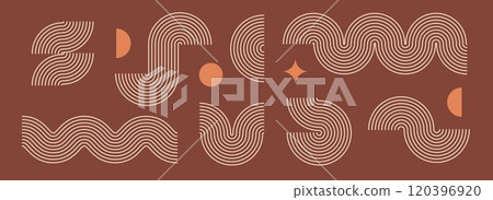 Boho linear element collection. Brown wave and arc forms design. Mid century curves and arches set. Bohemian decorative ornamental shape bundle for badge, icon, poster, banner, template. Vector 120396920