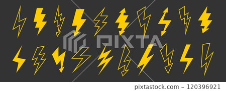 Yellow lightning bolt set. Solid and outline thunder bolt symbol collection. Flash thunderbolt element pack for poster, banner, graphic design, card. Golden strike arrow signs bundle. Vector 120396921