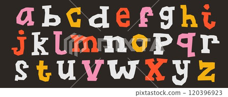 Paper cut out alphabet collection. Colorful serif letter collage set. Craft doodle kid font elements bundle for decoration, poster, banner, print. Ransom style lowercase abc pack. Vector  120396923