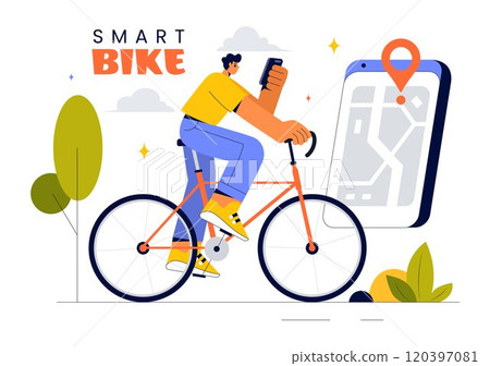 Smart Bike Vector Illustration featuring a Navigation App with a Map, Location Pin, and Tracking Mobile Applications Concept in a Flat Background 120397081