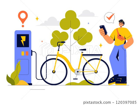 Smart Bike Vector Illustration featuring a Navigation App with a Map, Location Pin, and Tracking Mobile Applications Concept in a Flat Background Smart Bike Vector Illustration featuring a Navigation App with a Map, Location Pin, and Tracking Mobile Applications Concept in a Flat Background 120397085
