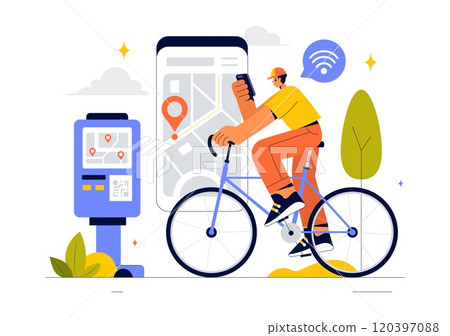 Smart Bike Vector Illustration featuring a Navigation App with a Map, Location Pin, and Tracking Mobile Applications Concept in a Flat Background Smart Bike Vector Illustration featuring a Navigation App with a Map, Location Pin, and Tracking Mobile Applications Concept in a Flat Background 120397088