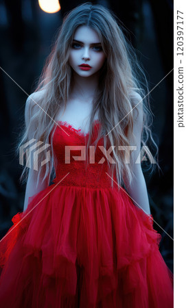 woman in stunning red dress stands in dark forest, exuding mysterious and enchanting aura. Her long hair and striking makeup enhance dramatic atmosphere woman in stunning red dress stands in dark forest, exuding mysterious and enchanting aura. Her long hair and striking makeup enhance dramatic atmosphere 120397177