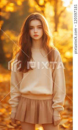 young woman stands in sunlit autumn forest, surrounded by golden leaves. She wears beige sweater and matching skirt, blending harmoniously with warm, glowing background 120397181