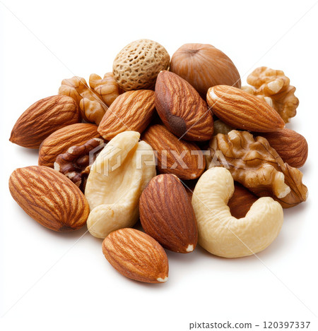 Nuts assortment including almonds, walnuts, hazelnuts, and cashews, showcasing variety of textures and colors, perfect for healthy snacking or culinary use 120397337