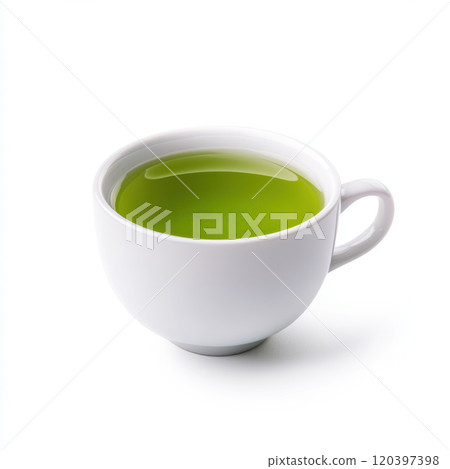 white cup filled with vibrant green tea, showcasing its rich color and inviting appearance. This captures essence of relaxation and wellness 120397398