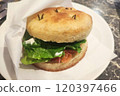 Smoked salmon bagel on white plate 120397466