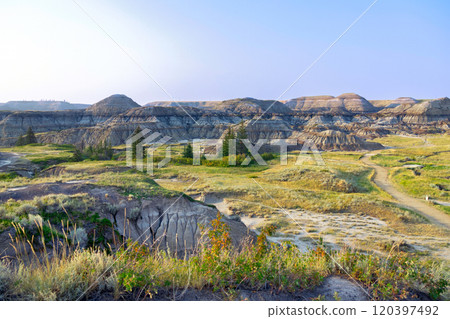 Eroded sandstone formations and badlan's flora in Horseshoe canyon. Eroded sandstone formations and badlan's flora in Horseshoe canyon. 120397492