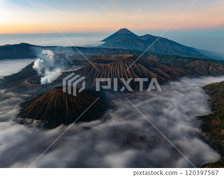 Aerial view Mountains at Bromo volcano during sunrise sky,Beautiful Mountains Penanjakan in Bromo Tengger Semeru National Park,East Java,Indonesia.Nature landscape background 120397567