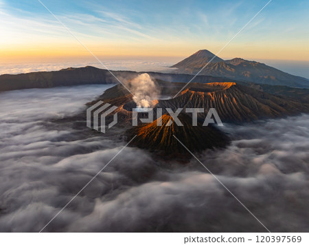 Aerial view Mountains at Bromo volcano during sunrise sky,Beautiful Mountains Penanjakan in Bromo Tengger Semeru National Park,East Java,Indonesia.Nature landscape background 120397569
