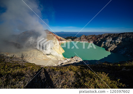 Aerial view Kawah Ijen volcano with turquoise sulfur water lake at sunrise.Amazing nature landscape view at East Java, Indonesia. Natural landscape background Aerial view Kawah Ijen volcano with turquoise sulfur water lake at sunrise.Amazing nature landscape view at East Java, Indonesia. Natural landscape background 120397602