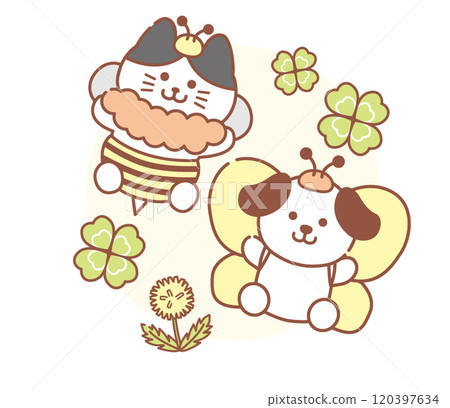 Spring illustration of cat and dog Spring illustration of cat and dog 120397634