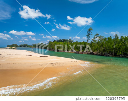 Beautiful sea beach summer landscape in high travel season in Thailand, Nature beach sea sunny sky background,High angle view seascape nature view 120397795