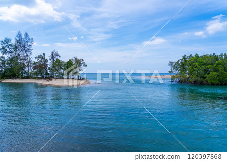 Beautiful sea beach summer landscape in high travel season in Thailand, Nature beach sea sunny sky background,High angle view seascape nature view Beautiful sea beach summer landscape in high travel season in Thailand, Nature beach sea sunny sky background,High angle view seascape nature view 120397868