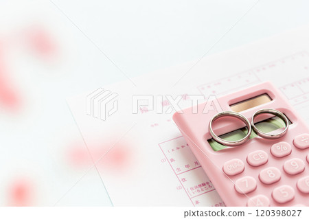 Marriage registration, calculator and ring - Image of wedding funds Marriage registration, calculator and ring - Image of wedding funds 120398027