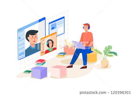 The man is talking to his colleague via video call. The man is talking to his colleague via video call. 120398301