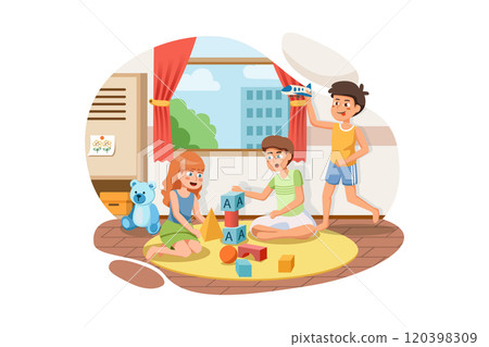 Happy children group playing together with blocks toys and car in classroom interior. 120398309