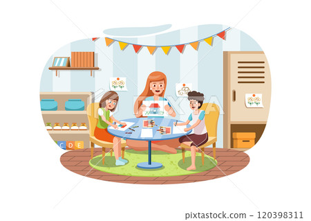 Little children with kindergarten teacher drawing at table indoors. Learning and playing. 120398311