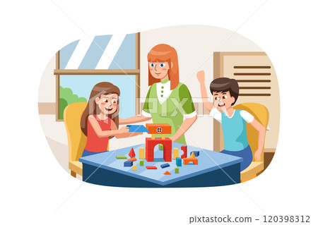 Preschool teacher with children playing with colorful wooden didactic toys at kindergarten. 120398312