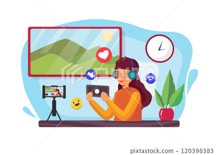 Young asian internet celebrity gamer girl introduce online mobile game to fans with smart phone and having live stream. 120398383